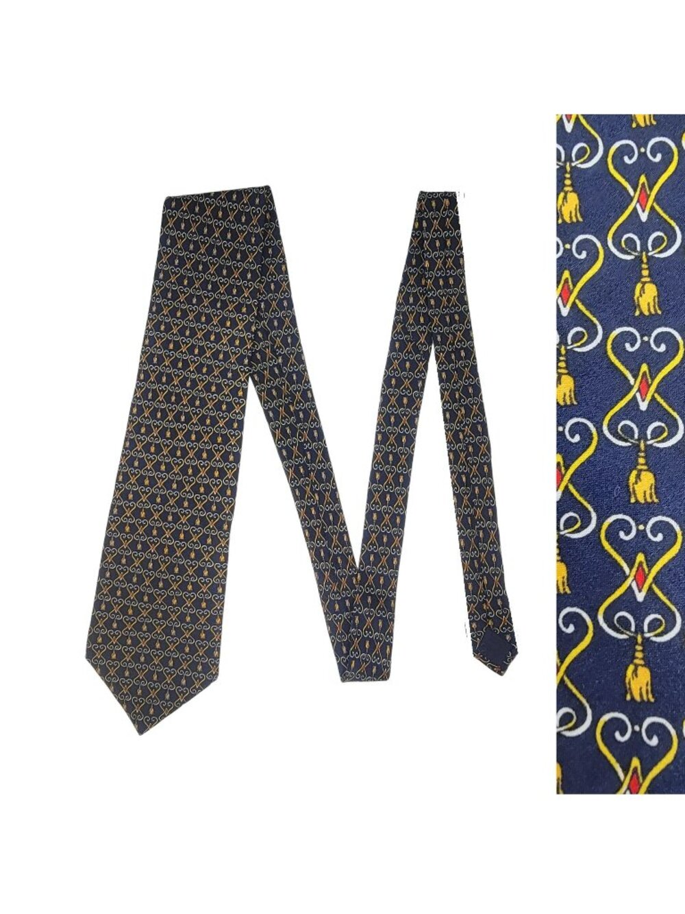 Vintage Louie Men’s hearts tassel design 100% silk tie Navy blue & gold 60.5x4